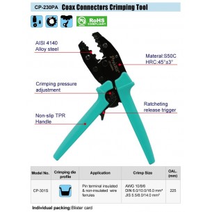 Proskit CP-230PA BNC Coax Connectors Crimping Tool 225mm Cyan